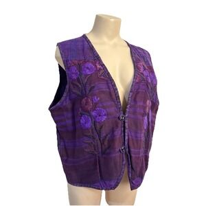 Hand Crafted Vintage Embroidered Purple Vest Cotton Floral Unique Size L/XL